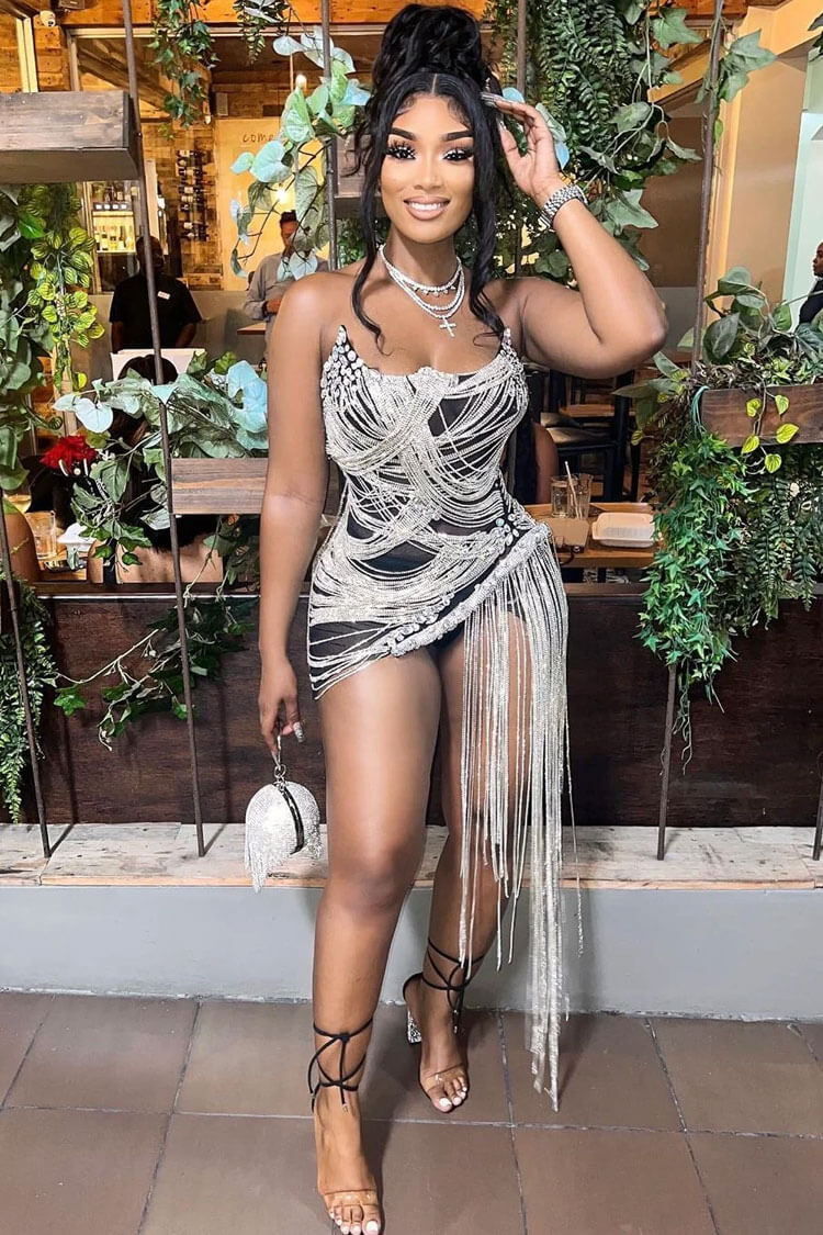 Alluring Sweetheart Semi Sheer Mesh Draped Rhinestone Fringe Mini Dress - Black