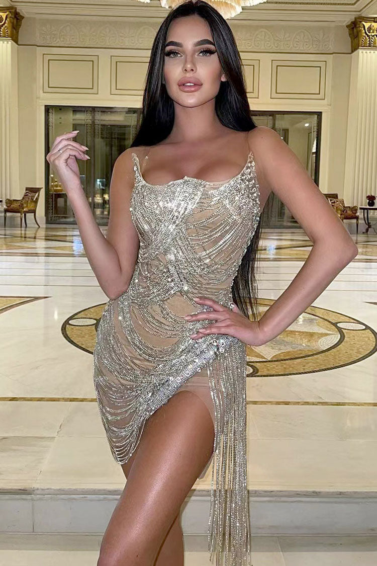 Chic Sweetheart Semi Sheer Mesh Draped Rhinestone Fringe Mini Dress - Beige