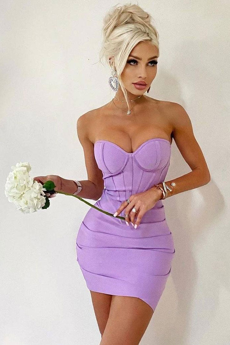 Attractive Sweetheart Strapless Pleated Bodycon Bandage Mini Dress - Purple