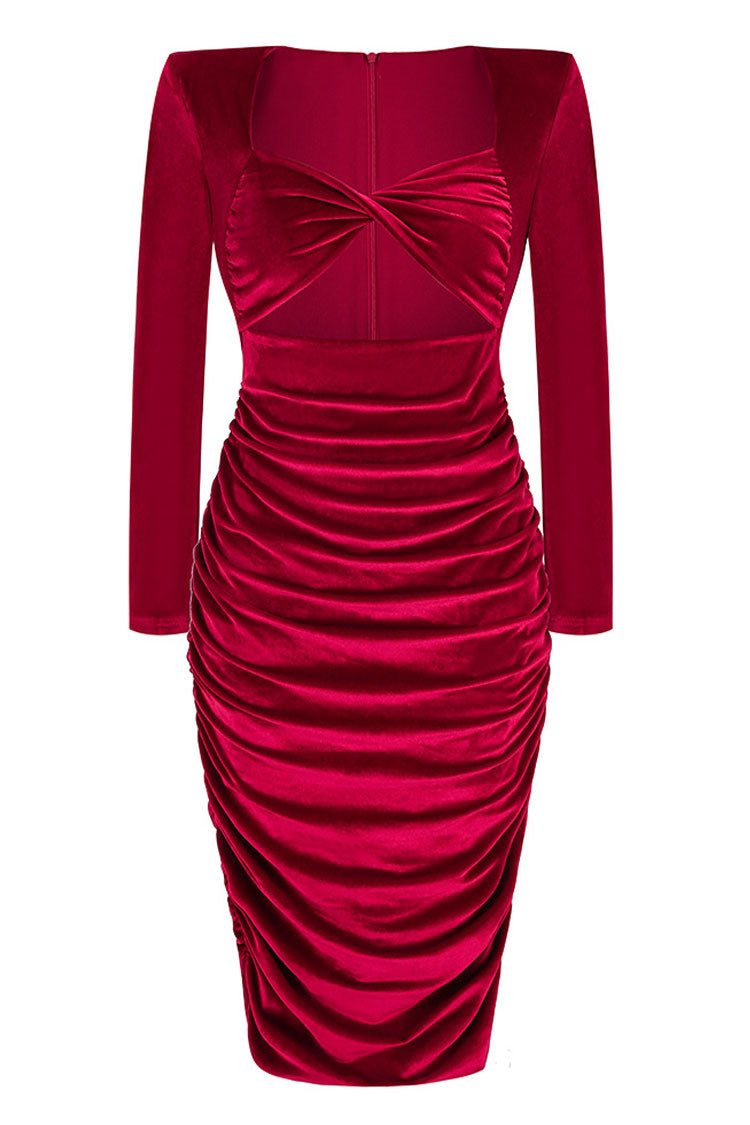Chic Twist Front Cutout Shoulder Pad Velvet Ruched Cocktail Midi Dress - Burgundy