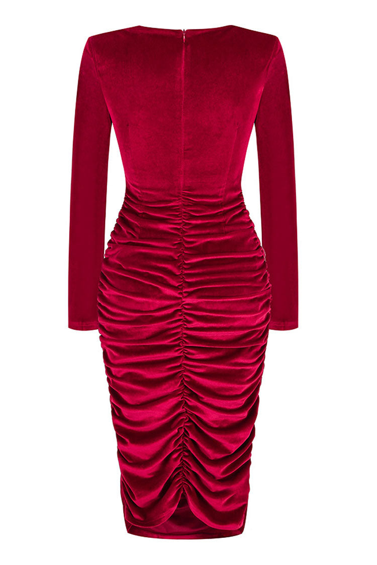 Chic Twist Front Cutout Shoulder Pad Velvet Ruched Cocktail Midi Dress - Burgundy