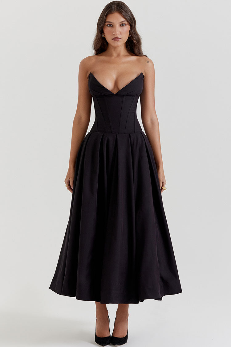 Chic V Neck Strapless Fit & Flare Pleated Corset Cocktail Party Midi Dress - Black