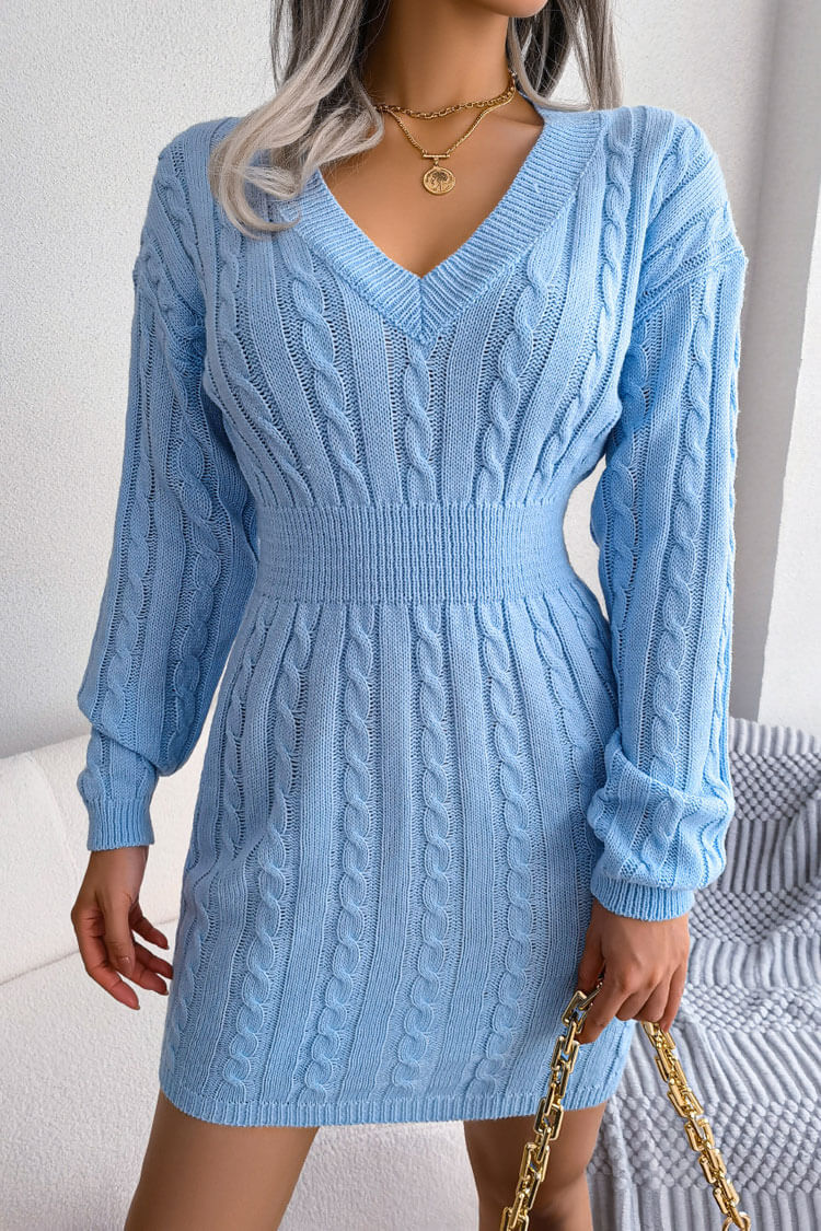 Attractive V Neck Winter Fisherman Cable Knit Sweater Mini Dress - Blue