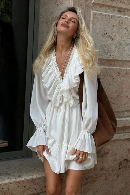 Exclusive Ingrid V Neck Ruffle Mini Dress Boutique Collection