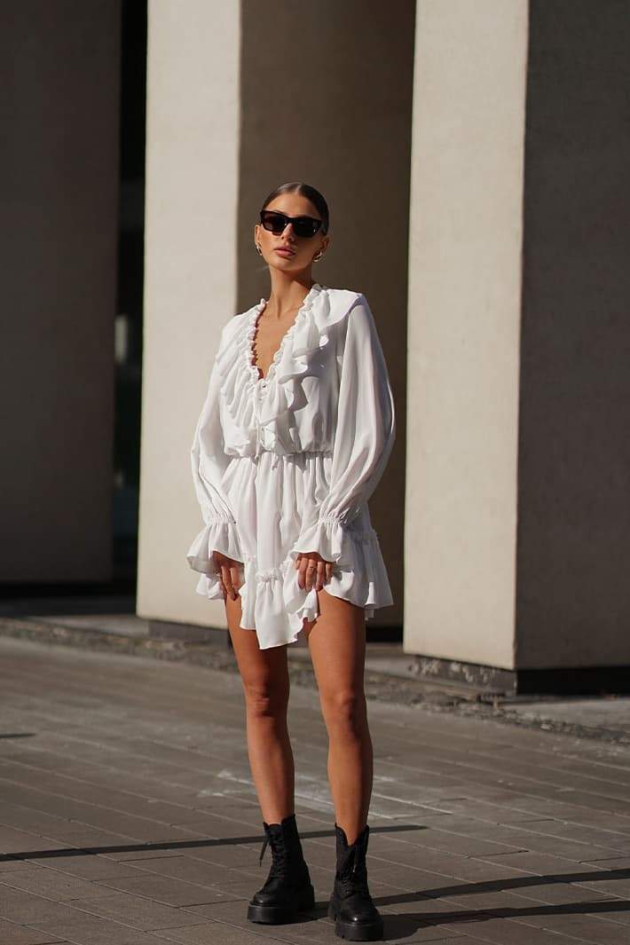 Exclusive Ingrid V Neck Ruffle Mini Dress Boutique Collection