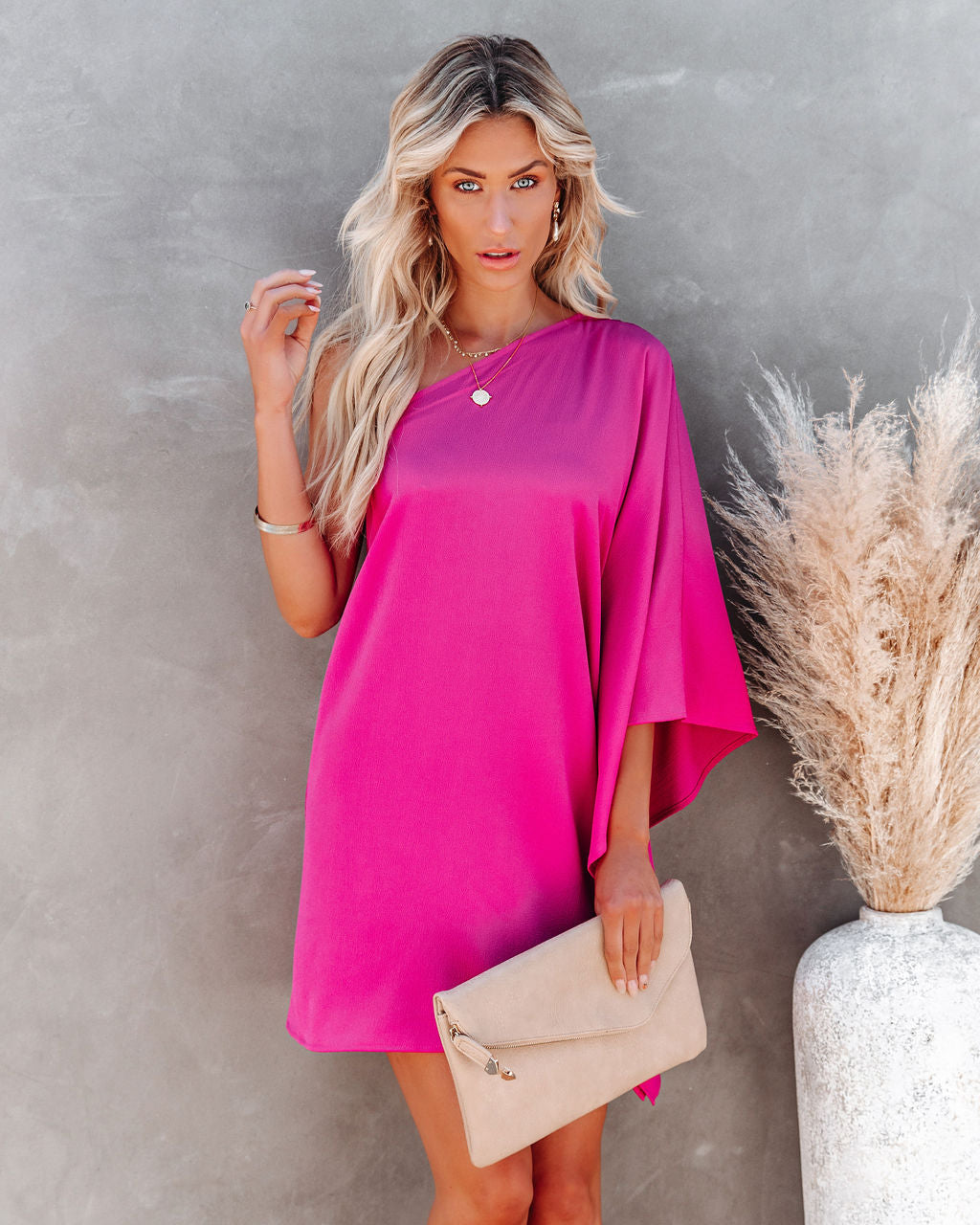 To Side Side One Shoulder Statement Dress Fuchsia