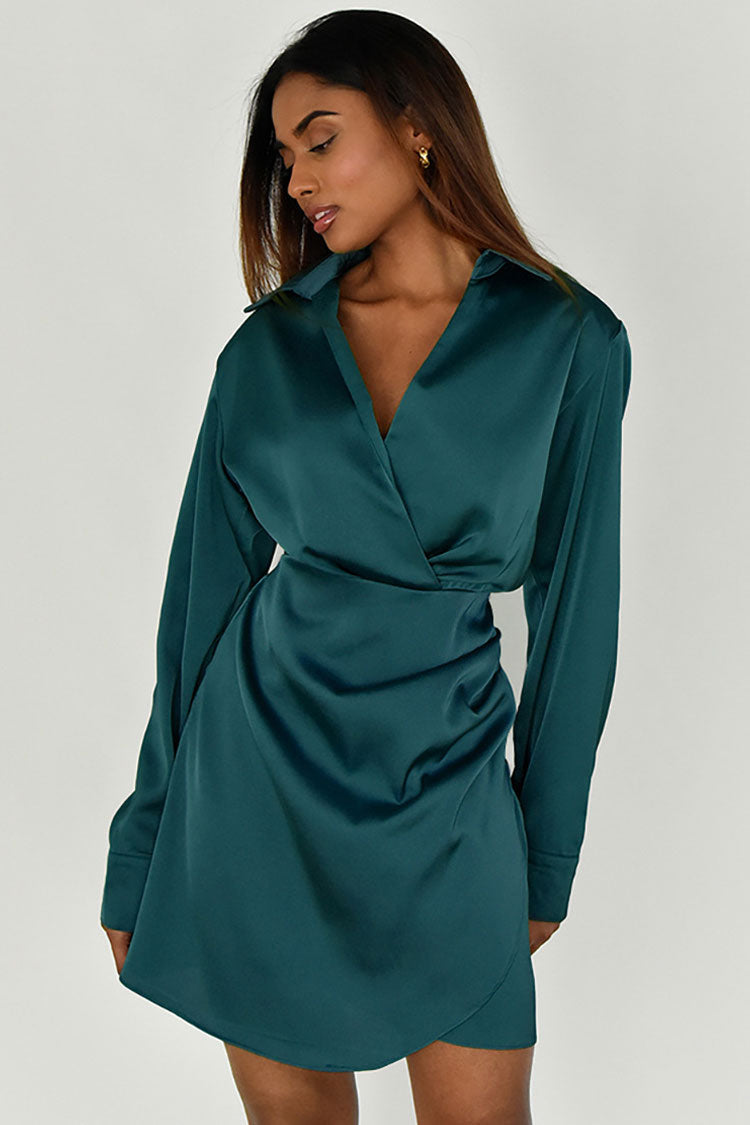 Collared Silky V Neck Ruched Wrap Trim Long Sleeve Mini Dress - Emerald Green