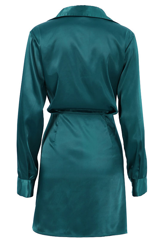 Collared Silky V Neck Ruched Wrap Trim Long Sleeve Mini Dress - Emerald Green
