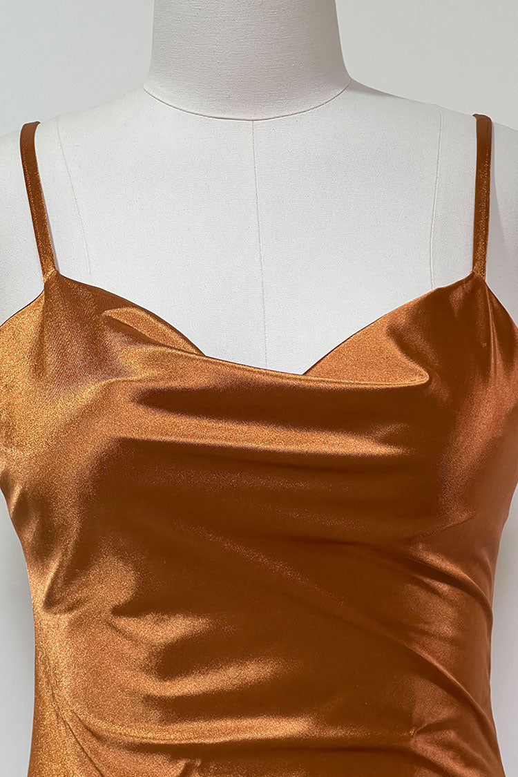 Cowl Silky Neck Spaghetti Strap Side Slit Satin Slip Midi Dress - Rust