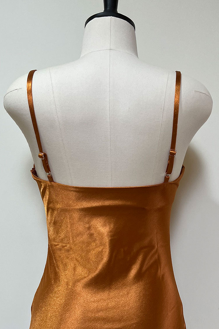 Cowl Silky Neck Spaghetti Strap Side Slit Satin Slip Midi Dress - Rust