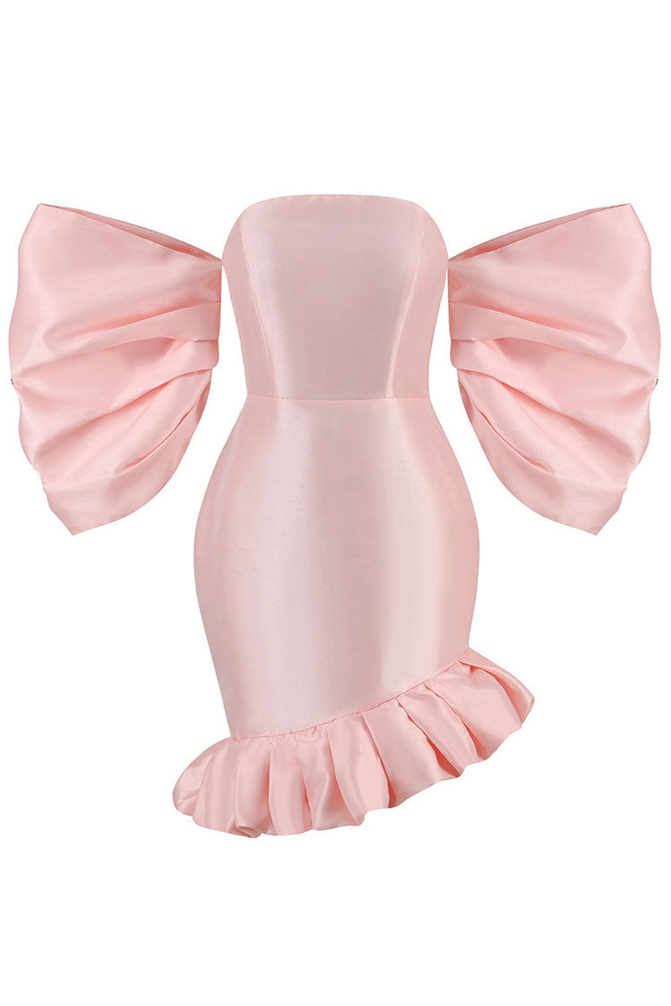 Off Silky The Shoulder Puff Sleeve Oversized Ruffle Satin Party Mini Dress - Pink