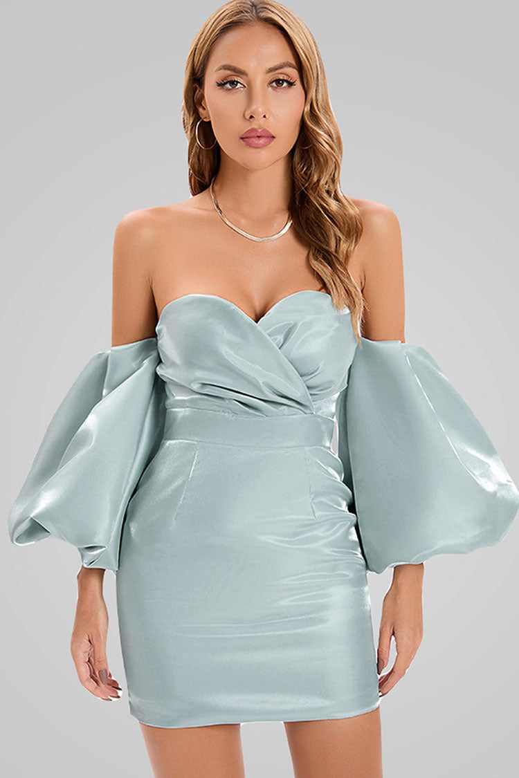 Puff Silky Sleeve Satin Off Shoulder Cocktail Mini Dress - Turquoise