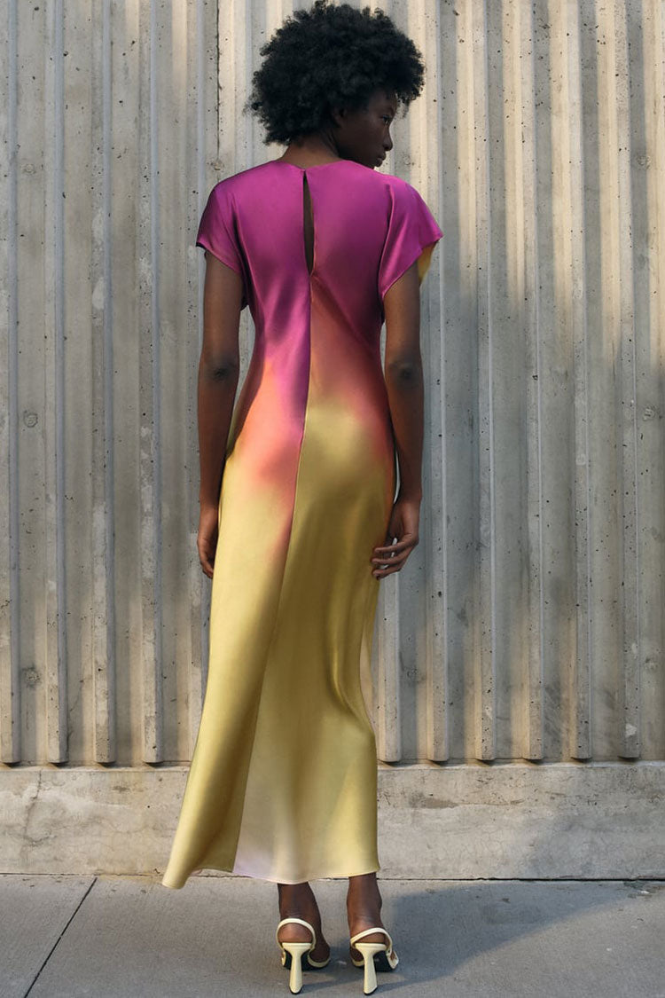Round Silky Neck Cap Sleeve Tie Dye Printed Satin Midi Dress - Multicolor