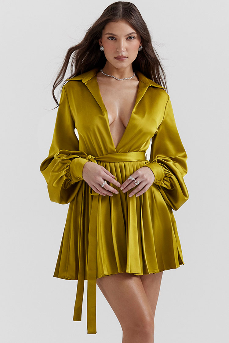 Satin Silky Collared V Neck Bishop Sleeve Pleated Shirt Mini Dress - Grass Green
