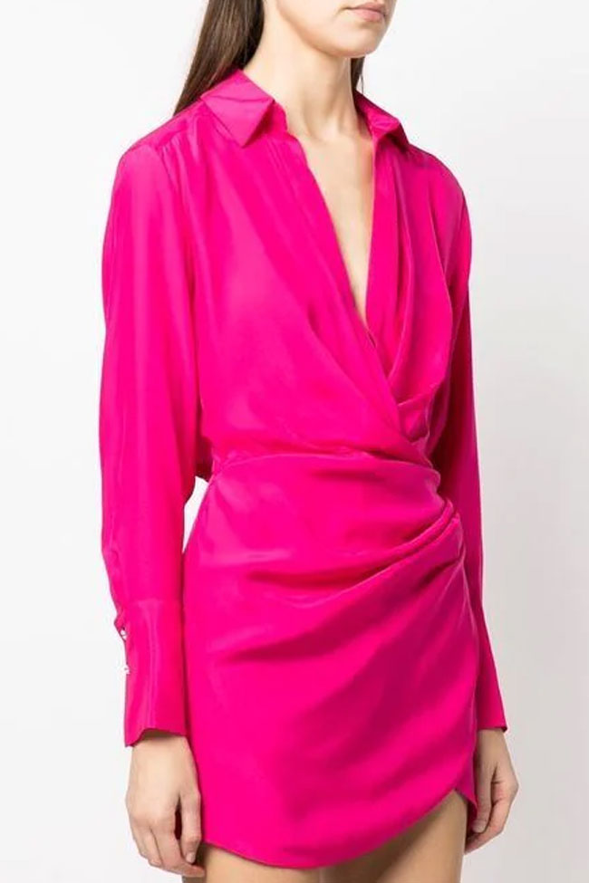 Satin Silky Collared V Neck Long Sleeve Draped Shirt Mini Dress - Hot Pink