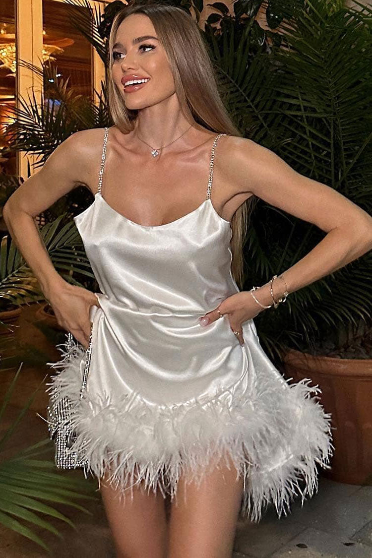 Satin Silky Crystal Spaghetti Strap A Line Faux Feather Trim Party Mini Dress - White