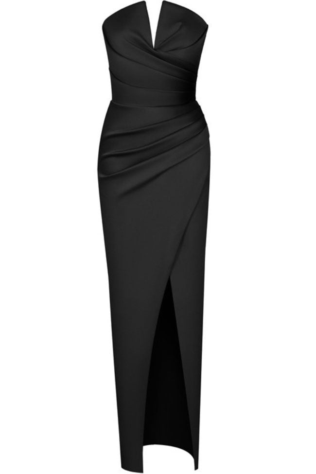 Satin Silky Notch V Strapless Draped Cocktail Party Midi Dress - Black