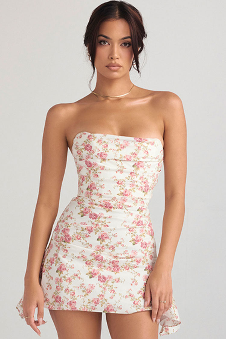 Silky Satin Pleated Trim Corset Strapless Party Mini Dress - Flower