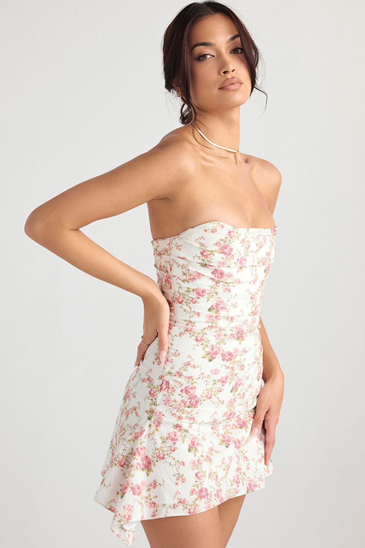 Silky Satin Pleated Trim Corset Strapless Party Mini Dress - Flower