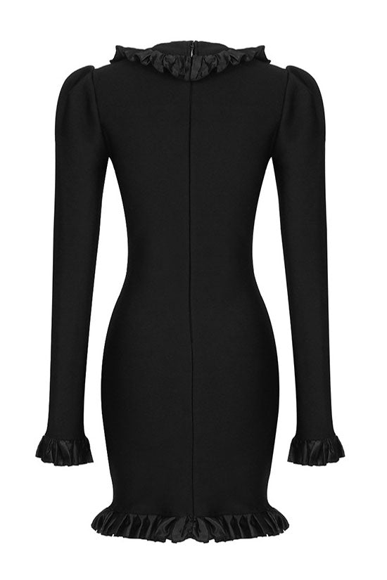 Satin Silky Pleated Trim Long Sleeve Bodycon Bandage Mini Dress - Black