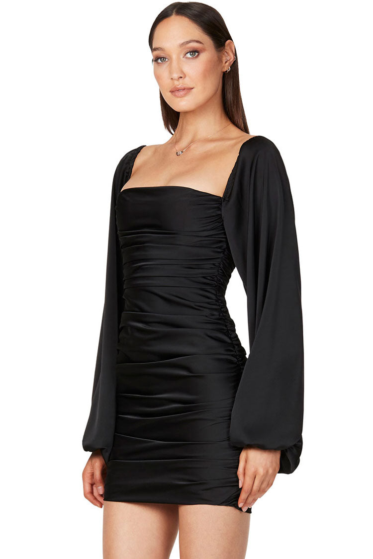 Satin Silky Square Neck Bishop Sleeve Ruched Party Mini Dress - Black
