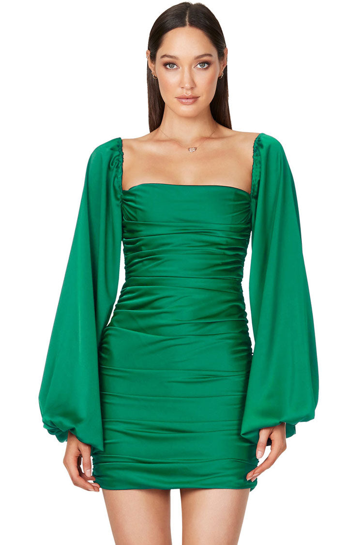 Satin Silky Square Neck Bishop Sleeve Ruched Party Mini Dress - Green