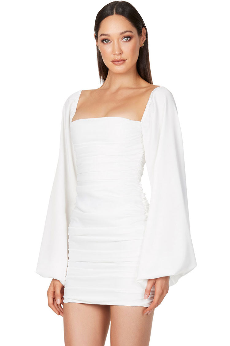 Satin Silky Square Neck Bishop Sleeve Ruched Party Mini Dress - White