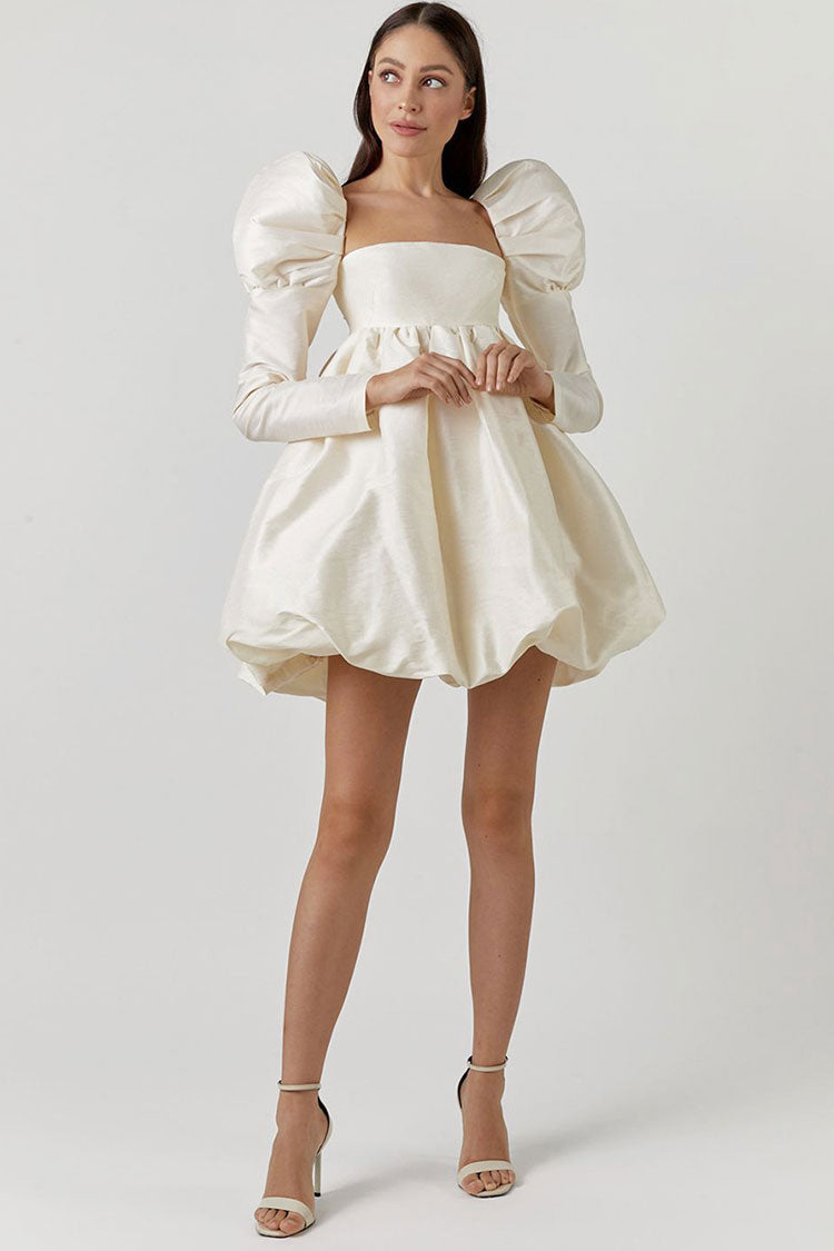 Satin Silky Square Neck Puff Sleeve Babydoll Mini Dress - Beige