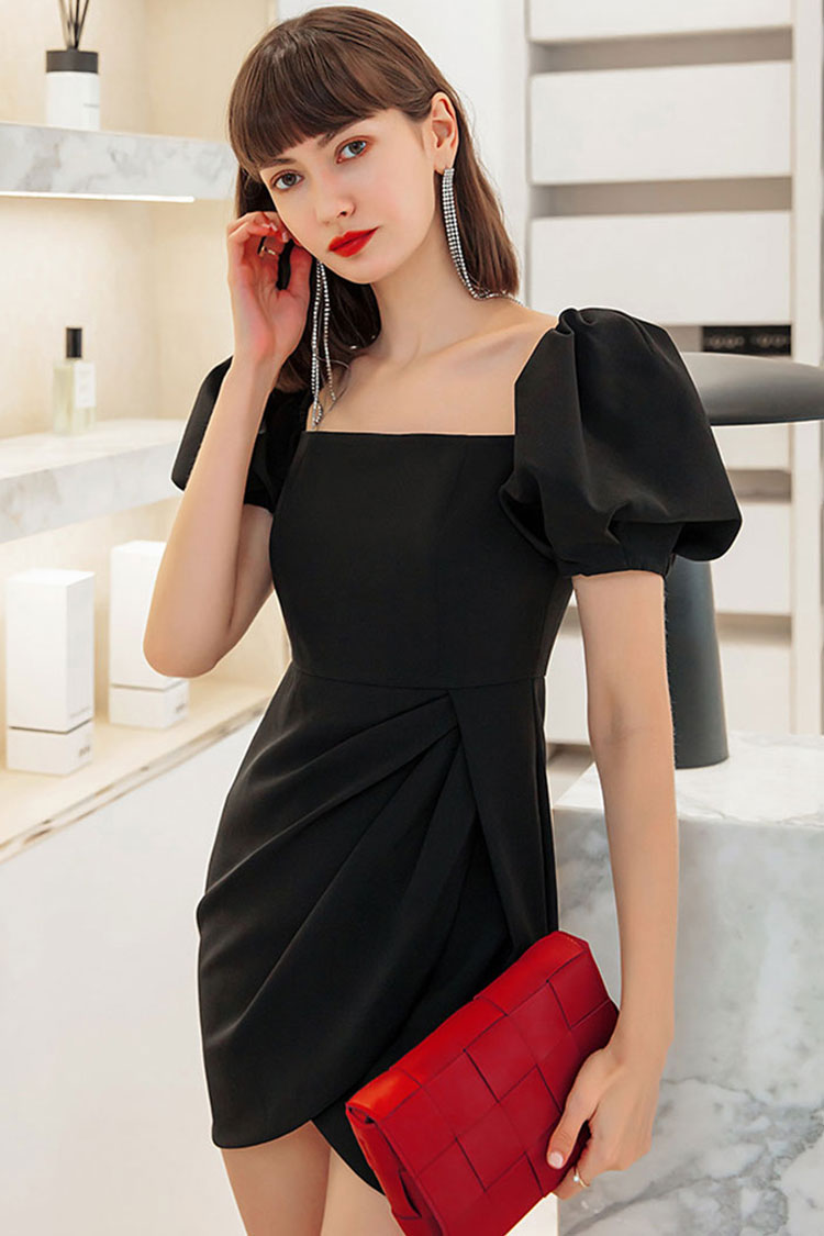 Satin Silky Square Neck Puff Sleeve Pleated Trim Party Mini Dress - Black