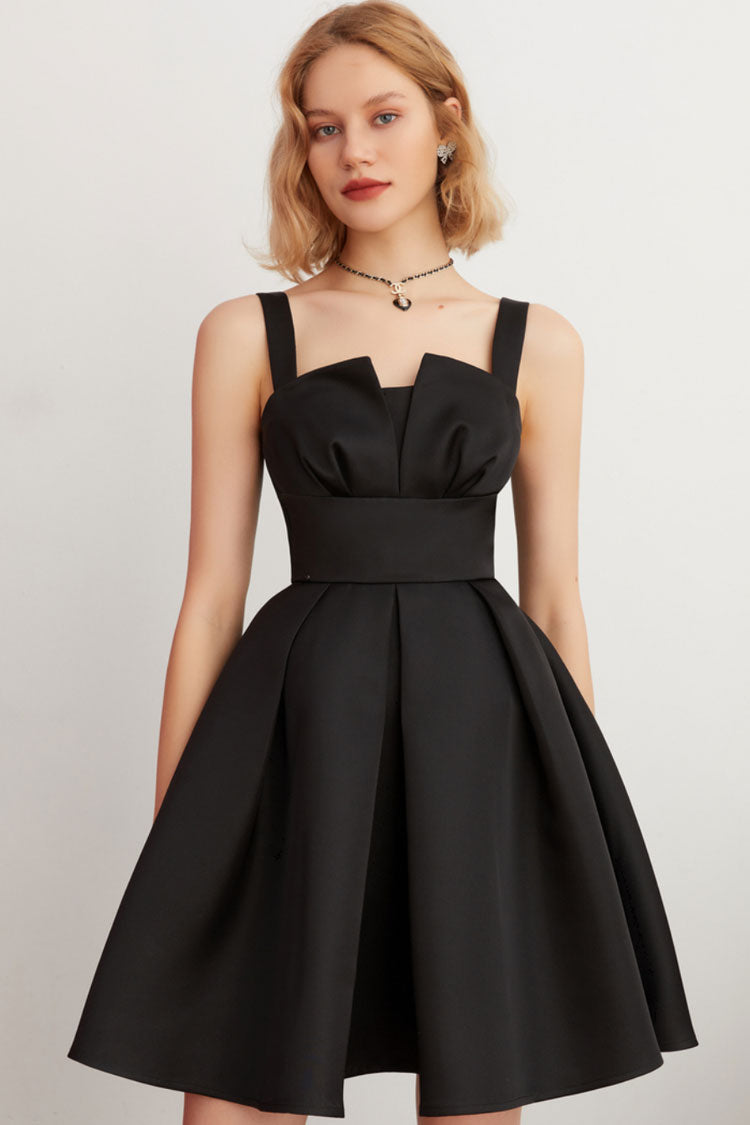 Satin Silky Suspender Strap Pleated Fit & Flare Party Mini Dress - Black