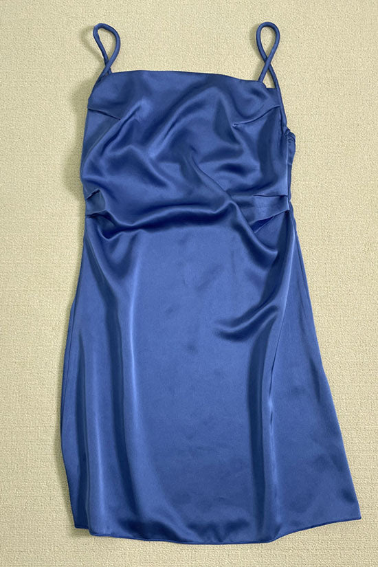 Square Silky Neck Spaghetti Strap Ruched Side Satin Slip Mini Dress - Blue