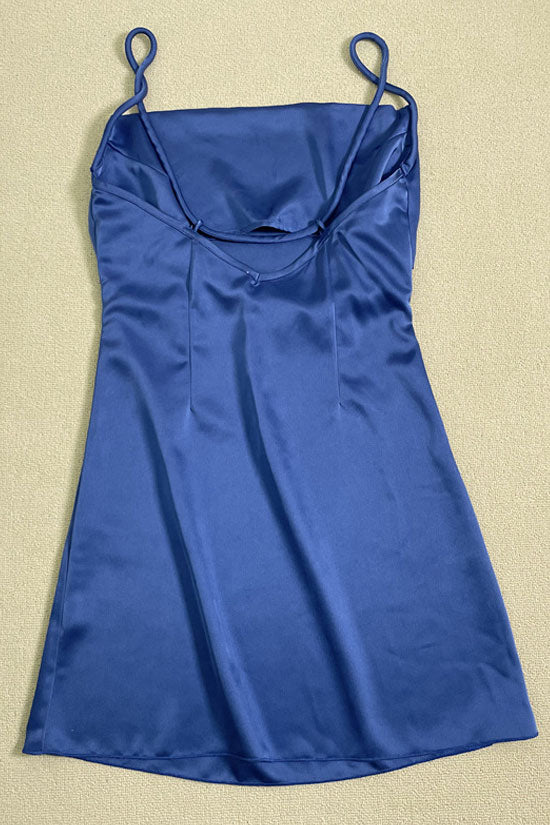 Square Silky Neck Spaghetti Strap Ruched Side Satin Slip Mini Dress - Blue