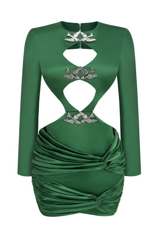 Swallow Silky Trim Long Sleeve Cutout Twist Ruched Satin Party Mini Dress - Green