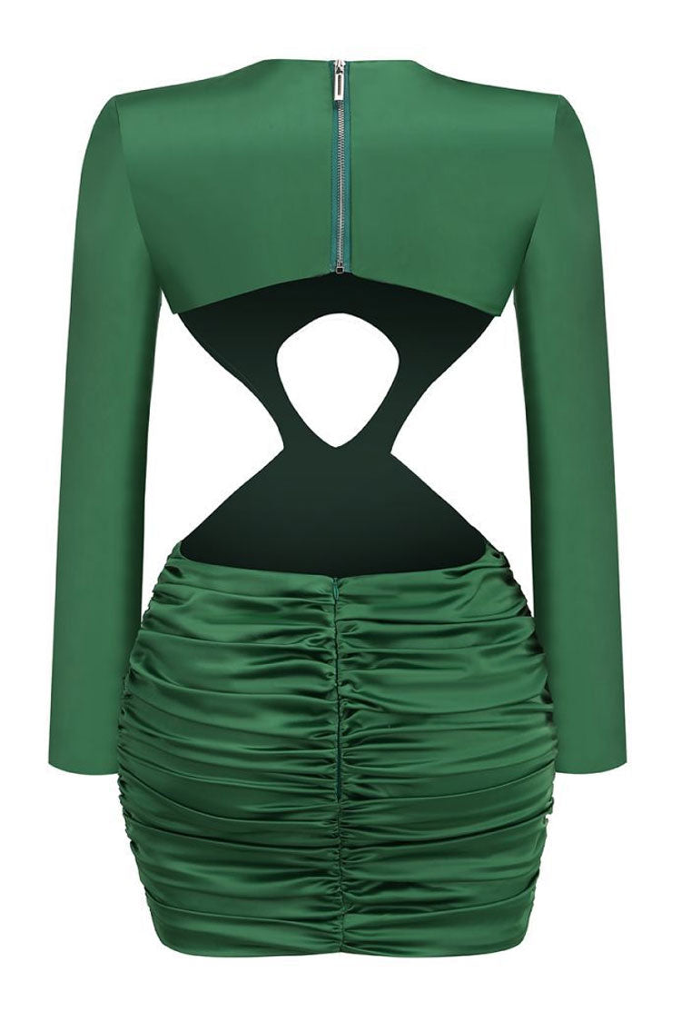 Swallow Silky Trim Long Sleeve Cutout Twist Ruched Satin Party Mini Dress - Green