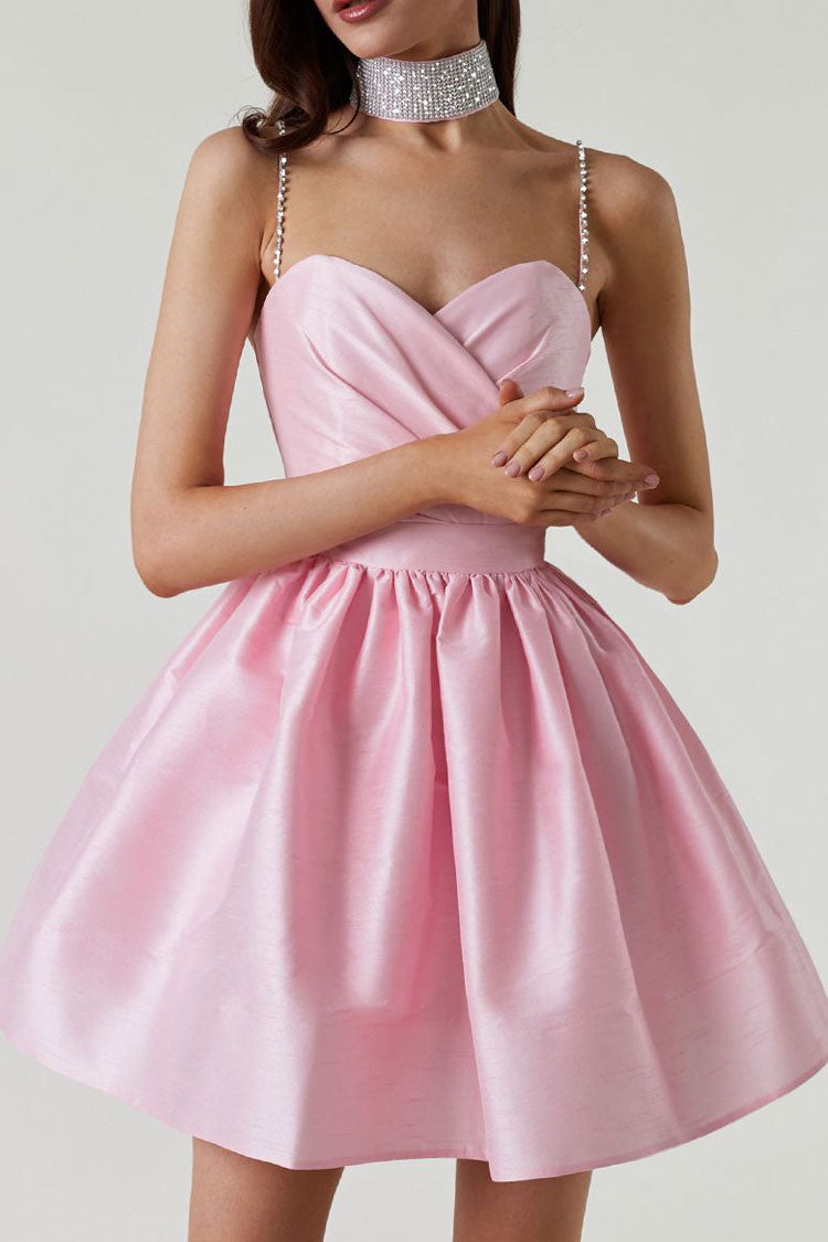 Sweetheart Silky Spaghetti Strap Pleated Satin Skater Mini Dress - Pink