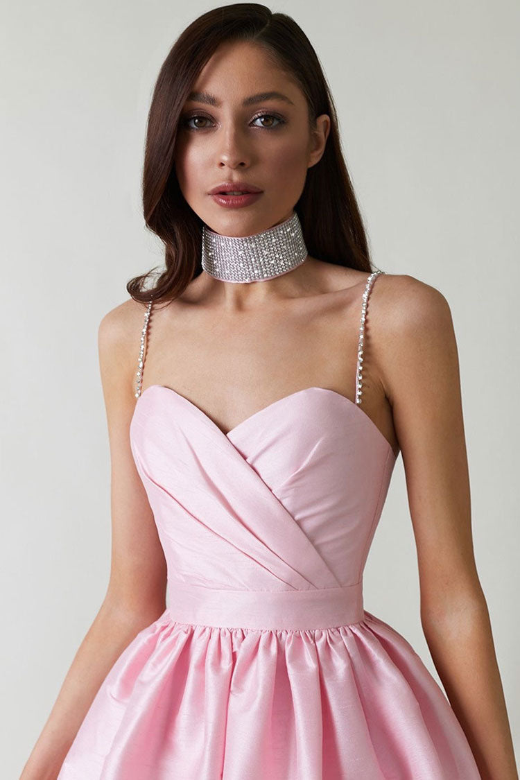 Sweetheart Silky Spaghetti Strap Pleated Satin Skater Mini Dress - Pink