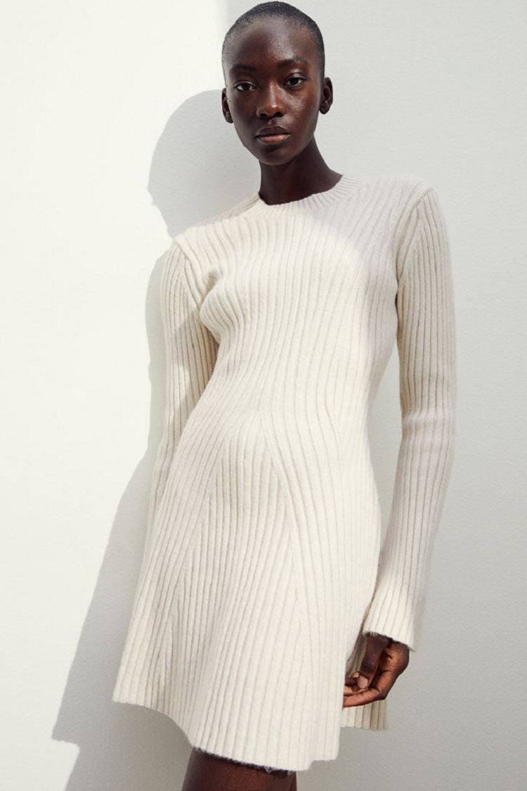 Ribbed Simple Knit Crew Neck Long Sleeve Winter Sweater Mini Dress - Off White