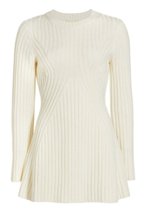 Ribbed Simple Knit Crew Neck Long Sleeve Winter Sweater Mini Dress - Off White