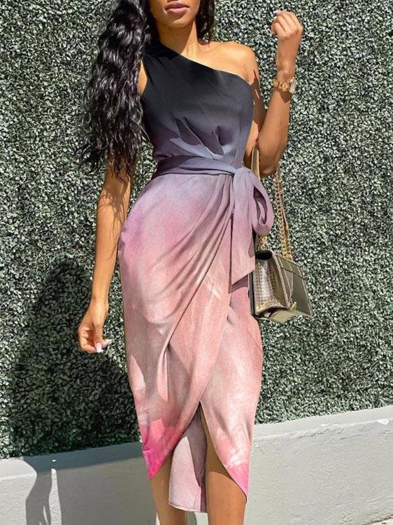 Oblique Sleeveless Shoulder Gradient Irregular Dress