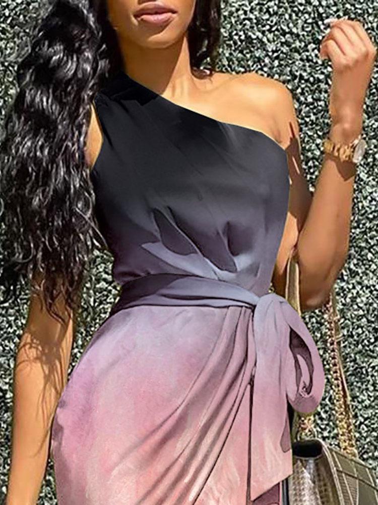 Oblique Sleeveless Shoulder Gradient Irregular Dress