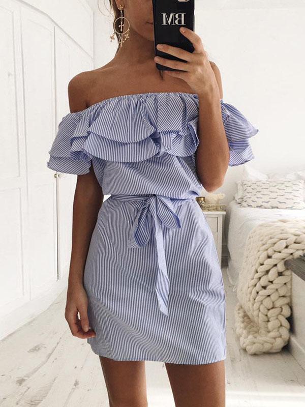 fit Slim Lace up Dress With Ruffled Stripes