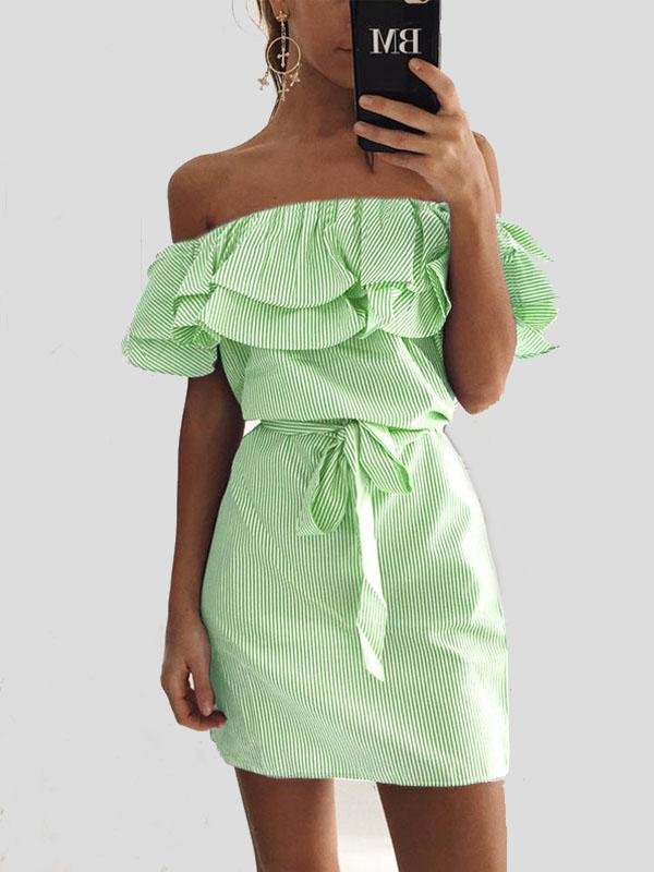 fit Slim Lace up Dress With Ruffled Stripes