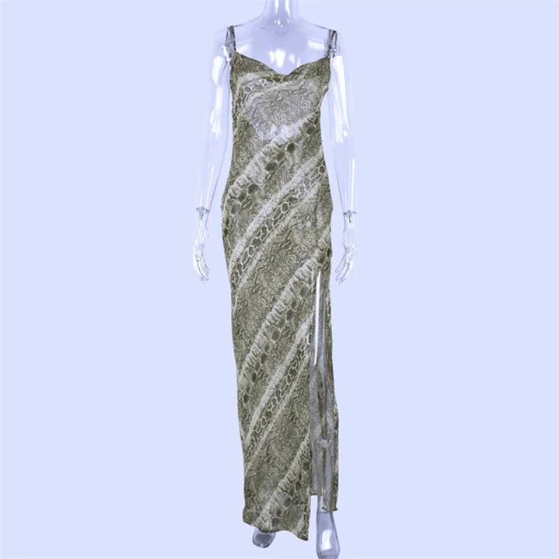 Snake Chiffon Long Party Sheer Backless Refined Autumn Clothes Midi Dresses