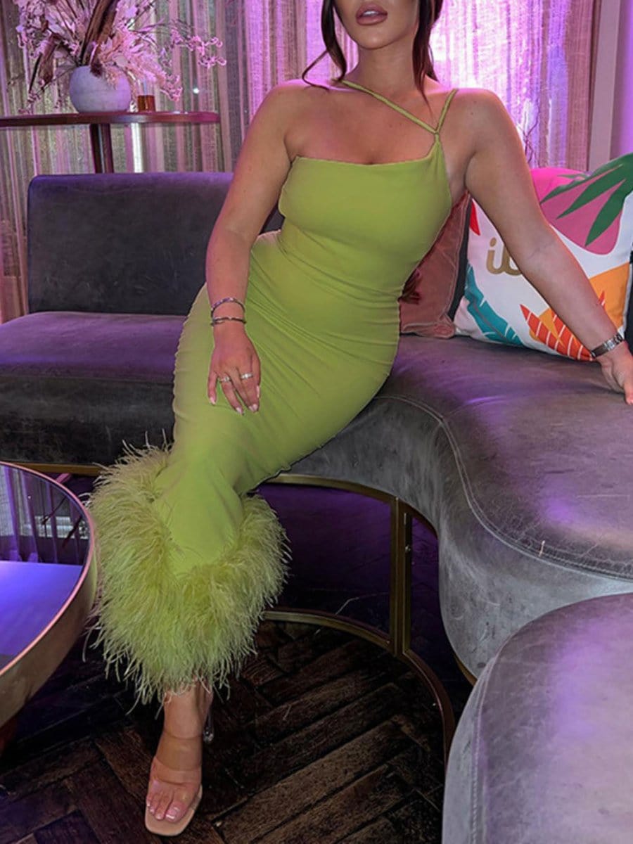 One Sonia Shoulder Feather Midi Dress