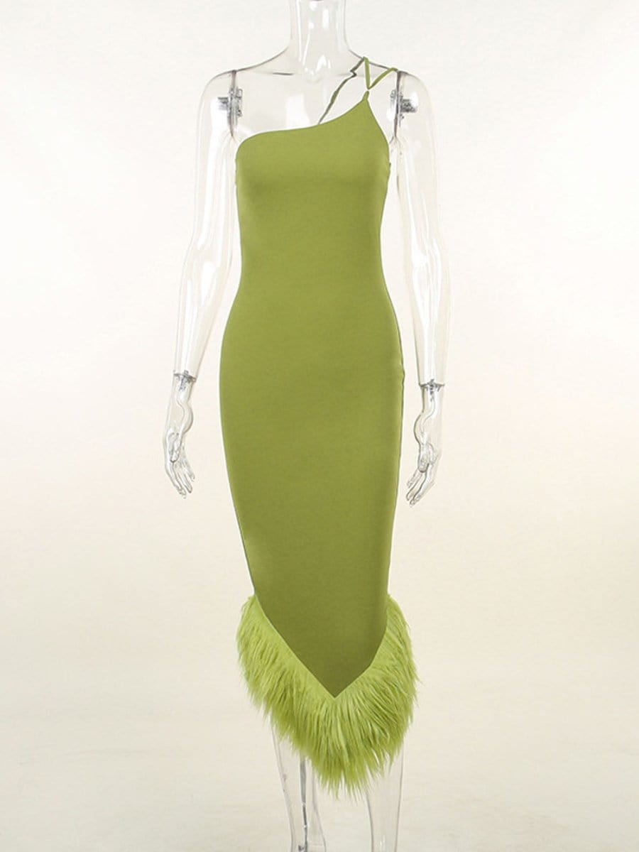 One Sonia Shoulder Feather Midi Dress