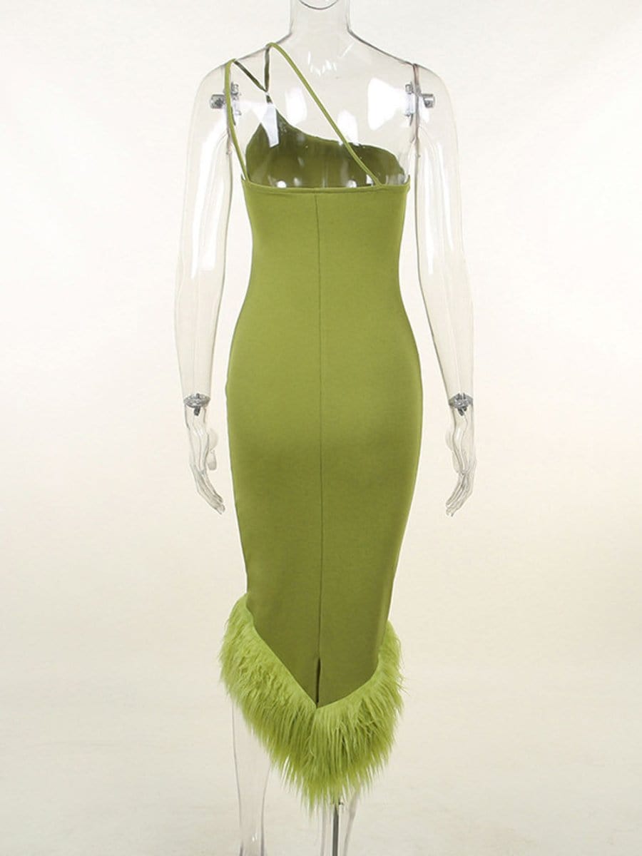 One Sonia Shoulder Feather Midi Dress