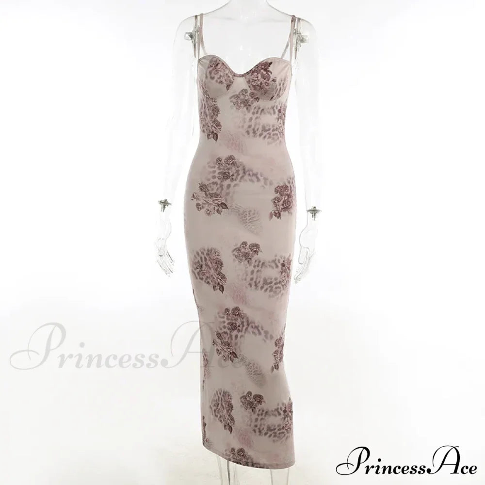 Spaghetti Strap Print Prom Mesh Wedding Guest Evening Party Flower Dress