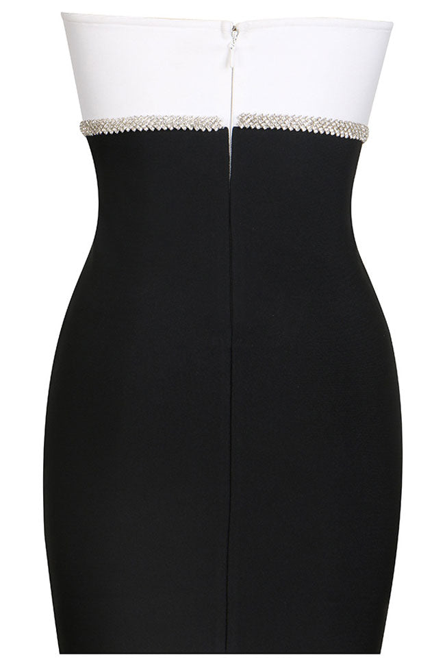 Glam Bowknot Black and White Strapless Bandage Mini Dress - Black