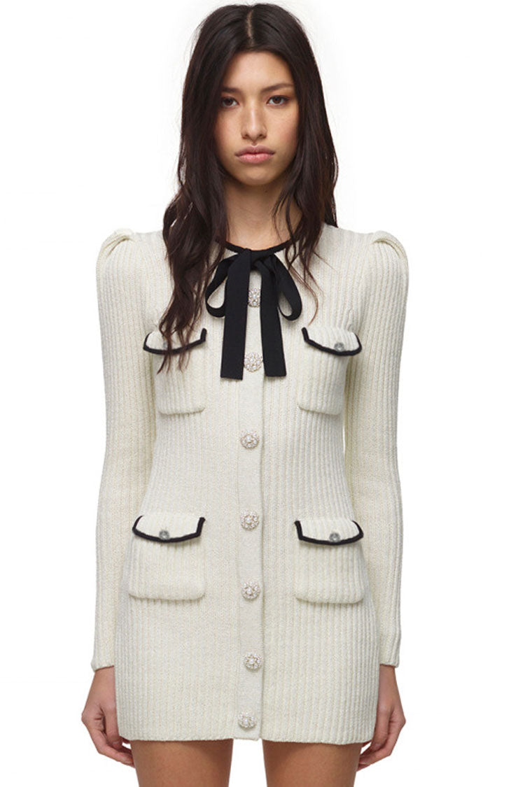Glam Button Long Sleeve Winter Lurex Sweater Mini Dress - White