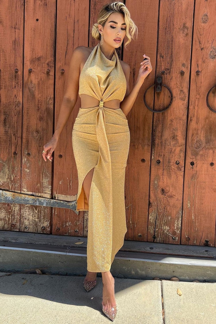 Chain Sparkly Link Cutout Draped Halter Midi Dress - Champagne